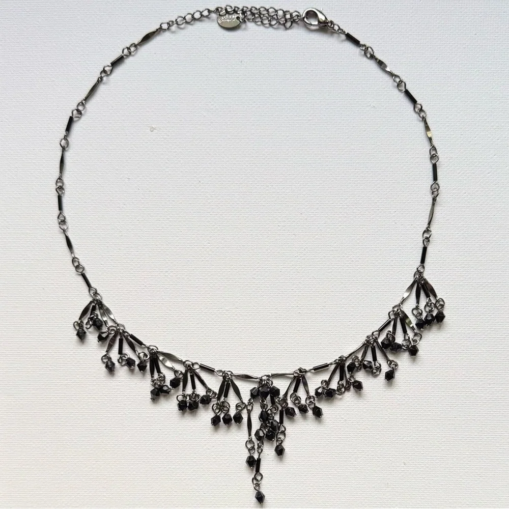 Black Beaded Fringe Statement Necklace – Adjustable 15-18”
